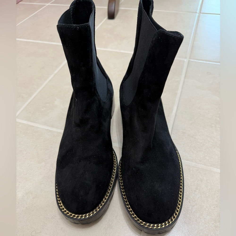 Stuart Weitzman Black Ankle Boots with Gold Chain Detail